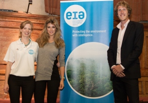 EIA Head of Fundraising Anna Cairns with guest Amy Willerton and auctioneer Harry Newington (c) EIA