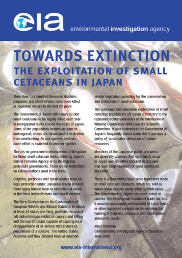 Front cover of our report entitled Towards Extinction - The Exploitation of Small Cetaceans in Japan