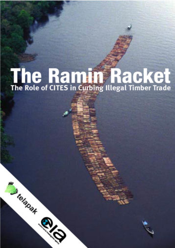 Front cover of our report entitled The Ramin Racket: The Role of CITES in Curbing Illegal Timber Trade