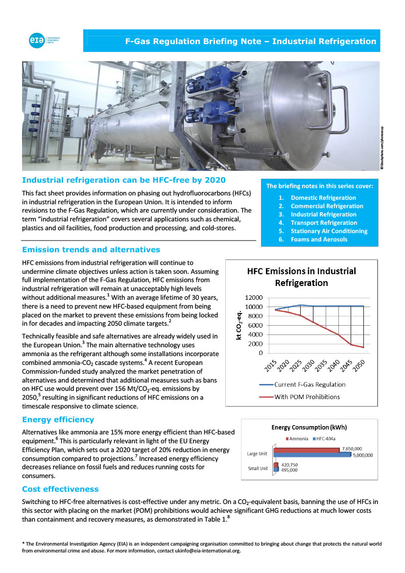 F-Gas Regulation Briefing Note – Industrial Refrigeration - EIA