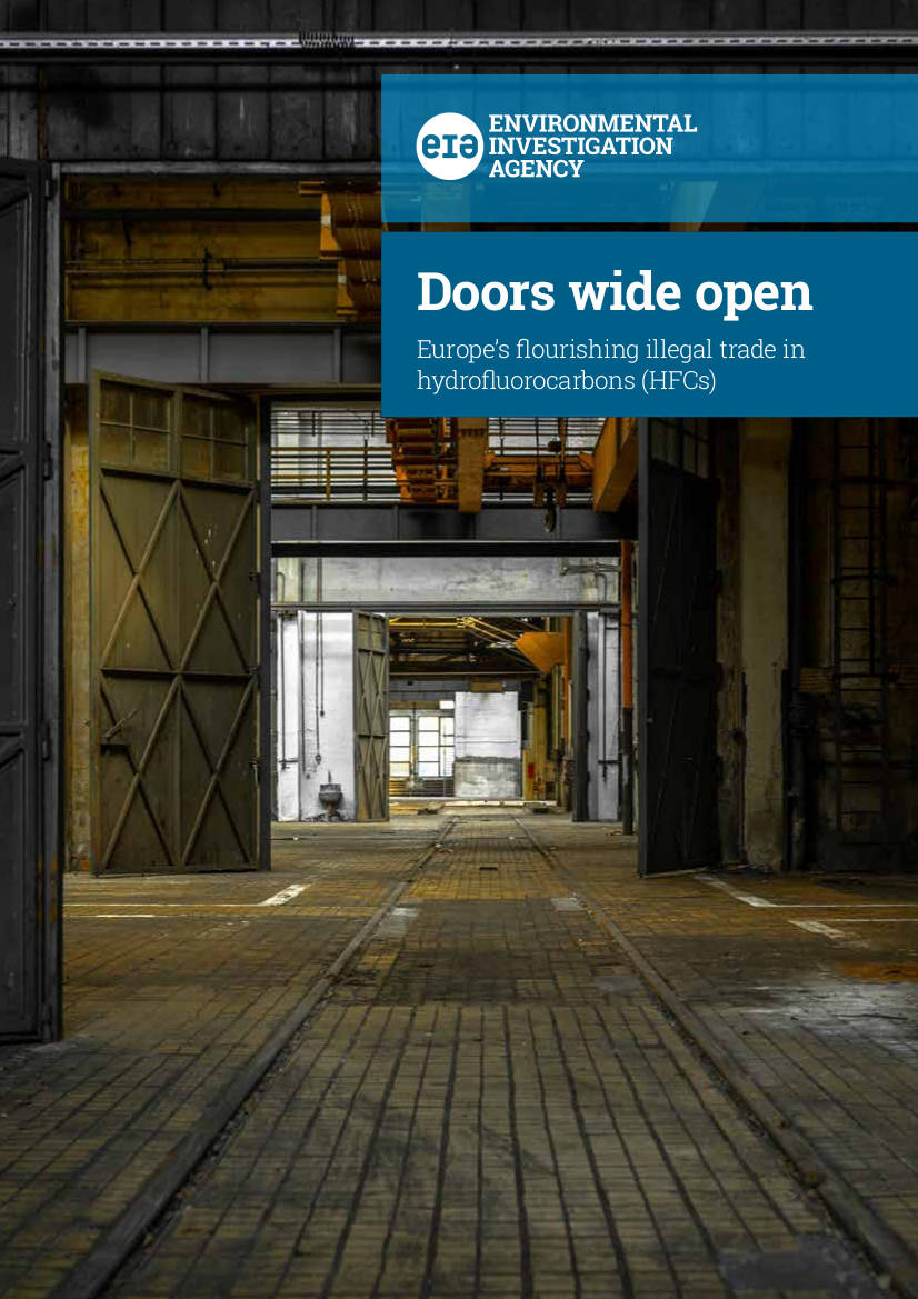 Front cover of our report entitled Doors Wide Open: Europe's flourishing illegal trade in hydrofluorocarbons (HFCs)