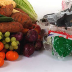 Fruit and vegetables from a supermarket with associated plastic waste