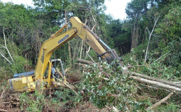 Excavator clearing forest in Indonesia for palm oil plantation (c) EIA