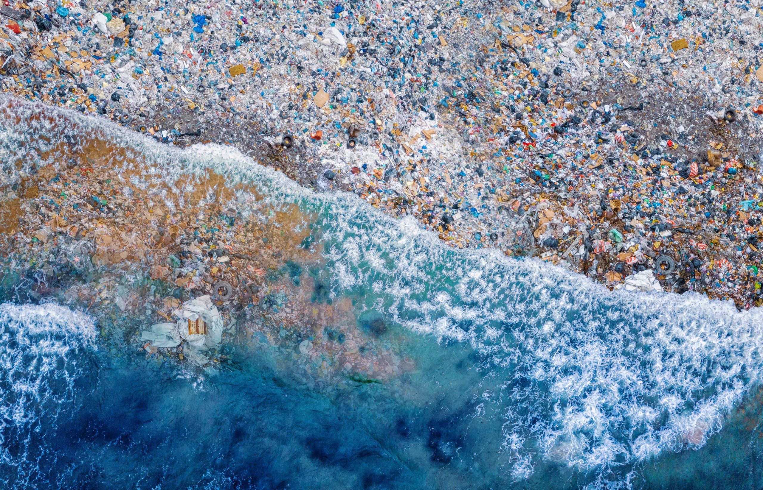 Aerial shot of plastic pollution in the ocean